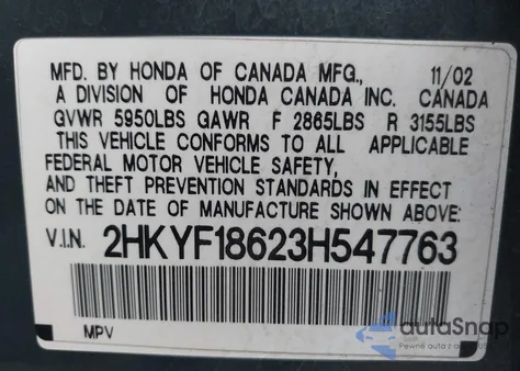 2003 Honda Pilot Ex-L from USA, damaged, VIN 2HKYF18623H547763